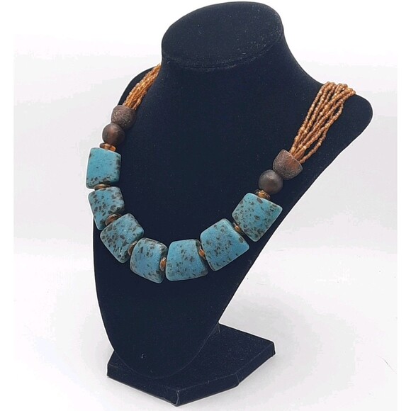 Chunky Bohemian Turquoise Amber Resin Square Beaded Statement Necklace 22" XLNT - Picture 3 of 5